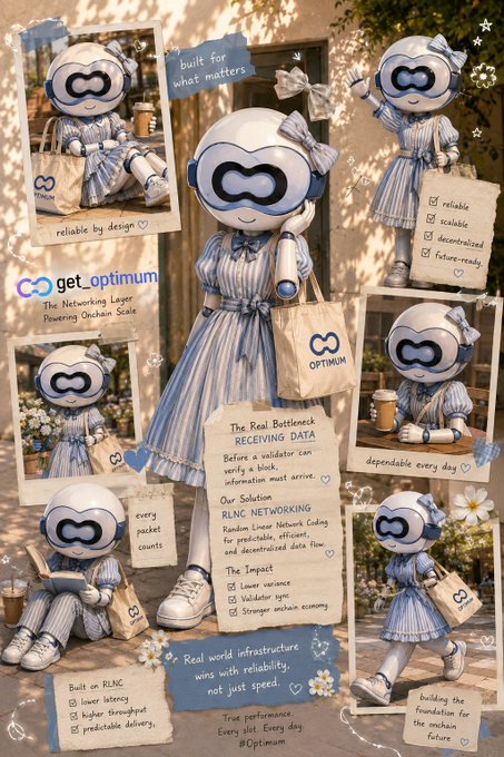 A detailed, scrapbook-style promotional graphic for 'get optimum' featuring an AI-themed character in a blue striped dress with various images and text highlighting RLNC networking and infrastructure benefits.