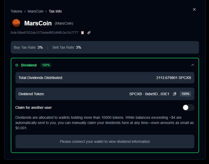A digital dashboard displaying tax and dividend information for the MarsCoin token (0xfe189e97832da1573e4e4ff034f4ffc3a15c7777), showing 3% buy and sell tax rates, a 100% dividend distribution in SPCXB (totaling 2113.679801 SPCXB), and a note requiring wallets to hold more than 10,000 tokens for allocation. The image visually supports the post's claim that MarsCoin/SPCX has already distributed 2113 SPCXB tokens to holders within 24 hours of launching on BNB Chain.