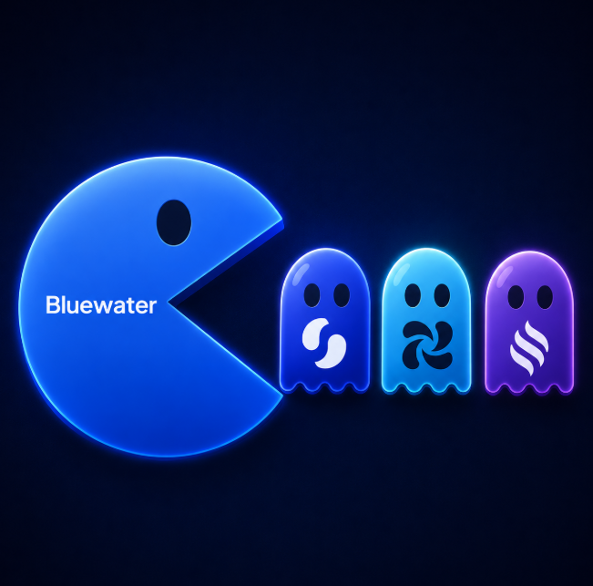 A glowing blue neon "Bluewater" Pac-Man character chases three ghosts, symbolizing the acquisition of Suilend, SpringSui, and STEAMM as mentioned in the post. The image visually represents Bluewater Labs consuming or absorbing these DeFi protocols under its expanding ecosystem on Sui.