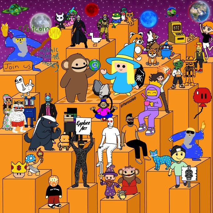 A vibrant illustration of various cartoon characters—wizards, ninjas, monkeys, astronauts, and pixel art figures—gathered among orange block platforms, featuring text like "Magic Internet Money," "Expose ART," "@therealolec," and a Bitcoin ATM. The playful, NFT-style composition ties into the "gm ordinals" greeting, celebrating the creative spirit of the Bitcoin Ordinals and crypto art community.
