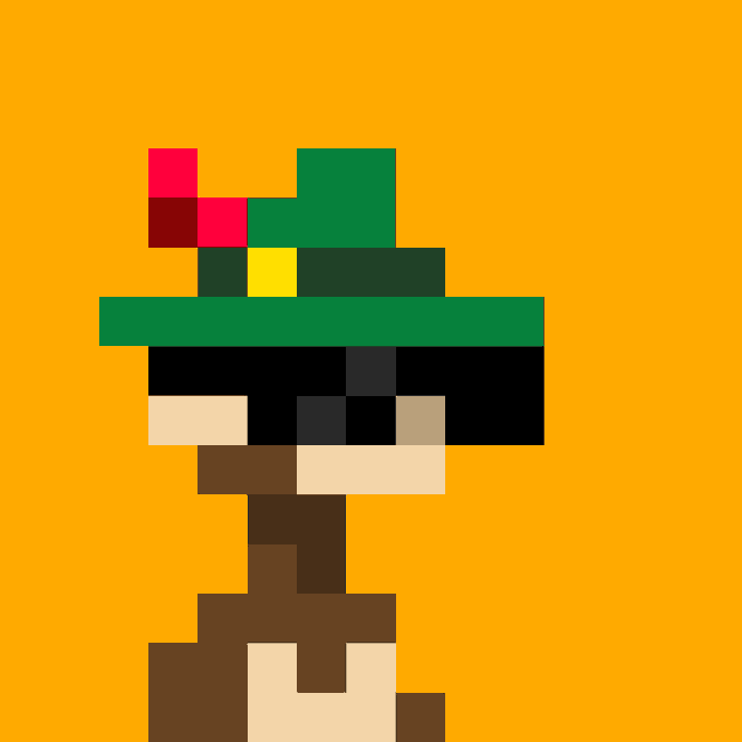 Low-resolution pixel art of a character wearing a green hat adorned with a red flower, rendered in blocks of green, beige, and brown against an orange background.