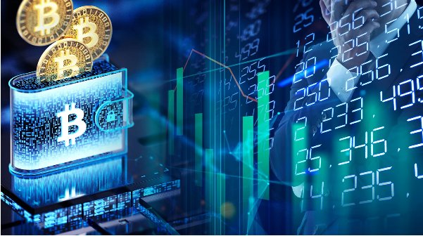 A digital graphic showing Bitcoin coins stacked on a glowing blue 'BC' block alongside stock market charts and trading data on the right.