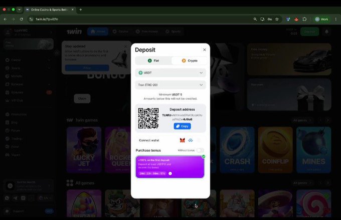 A screenshot of a '1win' online casino website displaying a 'Deposit' pop-up window with a USDT payment method (TRC-20), a QR code, and a purchase bonus of 15% (up to 500 USDT).