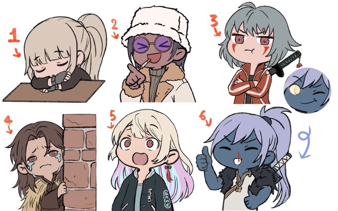 A numbered set of six chibi-style anime character drawings in various expressions, including one wearing a ushanka hat with purple sunglasses and another crying against a brick wall.