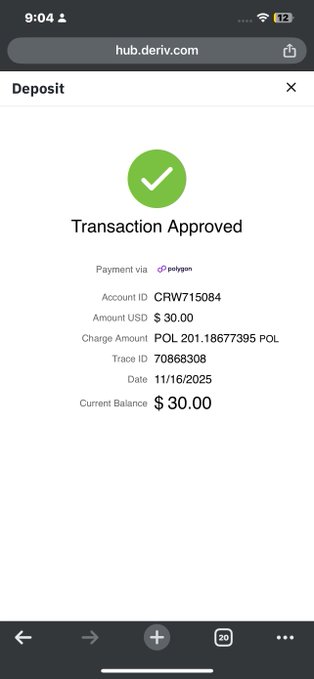 A Deriv transaction confirmation screen shows a $30 USD deposit approved via Polygon, converting to 201.18677395 POL on 11/16/2025, which visually corresponds to the post's referenced $30 clean deposit funding the account before opening the Volatility 10 Index sell trades.