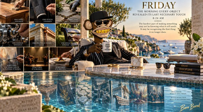 The image is a stylized collage featuring a Bored Ape Yacht Club character wearing sunglasses and a hat, sitting poolside at a luxurious villa overlooking the sea, surrounded by images showing various lifestyle details like "One Sared Finished," "One Stich Finished," "One Hard Piece," "One Karbar Finished," "One Village + Village Saved," "One Last Cigar Rinder," "Good Morning Web3," "Iolas Discipline, A Finerish Life," "Better is Different Than Ready," "Don't Make Me Say It Out Louder," and "In the Reflection Will I Make Good." Text in the upper right reads "FRIDAY, THE MORNING EVERY OBJECT REVEALED ITS LAST NECESSARY TOUCH, 8:24 AM," with a caption about the hardest part of making something being recognizing when it's finished. The post celebrates a productive Web3 week, aligning with the image's theme of Friday reflection, discipline, and appreciating the rewards of hard work