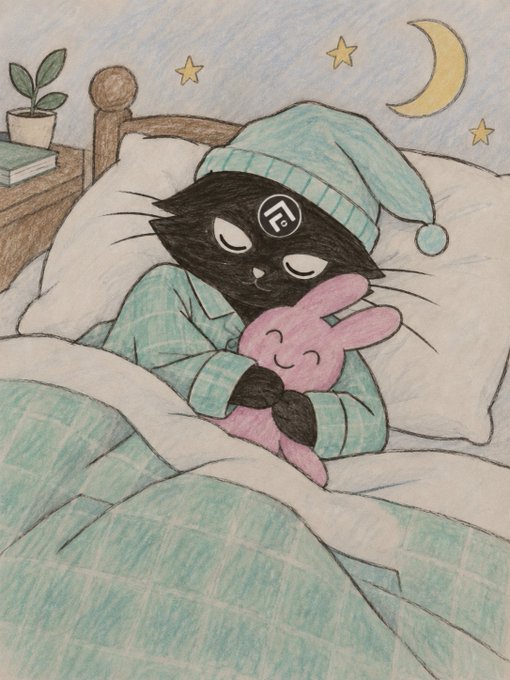 A whimsical colored pencil illustration of a black cat wearing a teal nightcap and striped pajamas, cuddling a pink bunny plush in bed under a starry sky.