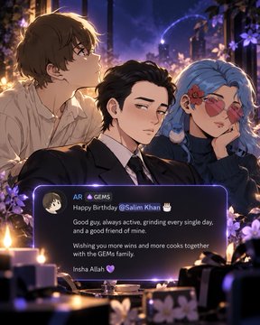 An anime-style illustration of three characters with a social media post from 'AR 🔮 GEMS' wishing 'Happy Birthday @Salim Khan' from Insha Allah.