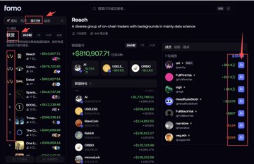 Screenshot of a Fomo crypto dashboard showing on-chain holder rankings with arrow annotations pointing to UI elements, displayed amounts include $810.90771 ETH and figures like $852,767.31 and $969,277.71.