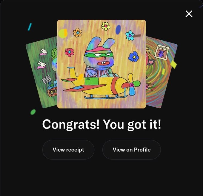 A digital reward screen displaying a colorful, psychedelic illustration of a rabbit-like character wearing a rainbow headband and piloting an airplane, with the text 'Congrats! You got it!' and buttons for 'View receipt' and 'View on Profile'.