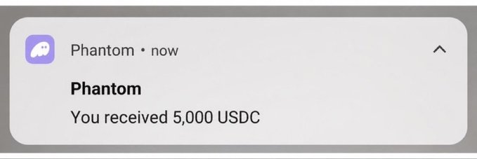 A notification from Phantom wallet showing "You received 5,000 USDC," which the user claims as evidence in a post asking followers to join a Telegram channel for more. The image serves as supposed proof of a crypto airdrop to lure people into the channel.