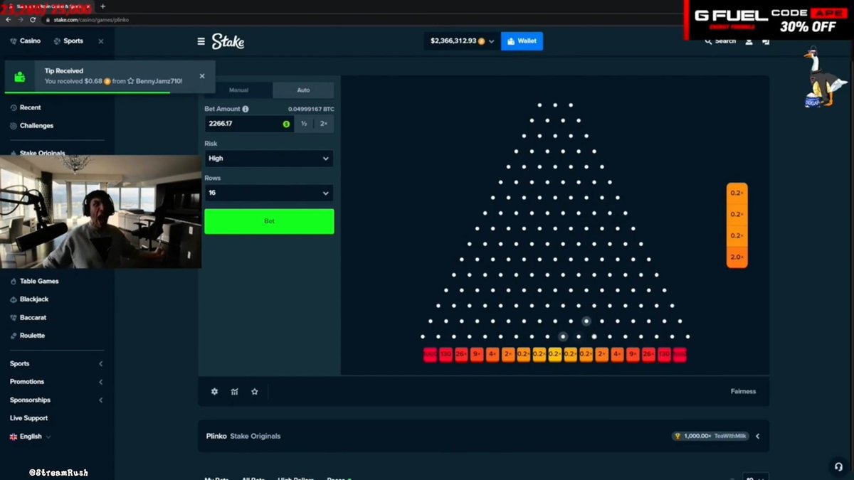 A streamer named @StreamRush is shown live on Stake.com playing Plinko with a bet of 2266.57 (0.04999167 BTC) on High risk with 16 rows, displaying the triangular Plinko board and a wallet balance of $2,366,312.93 — capturing the moment of the 1000x hit that transformed $2.2K into $2.2M.