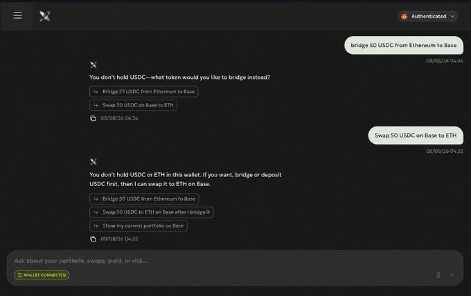 A screenshot of a chatbot conversation about bridging tokens, with the user requesting to 'bridge 50 USDC from Ethereum to Base' and 'Swap 50 USDC on Base to ETH', and the bot suggesting alternative tokens like 'Bridge 25 USDC from Ethereum to Base' due to insufficient holdings. The interface shows an 'Authenticated' status and a 'Wallet Connected' indicator.