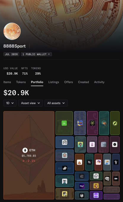 A screenshot of an OpenSea portfolio for the wallet "8888Sport" showing a total portfolio value of $20.9K (with 71% in NFTs and 29% in tokens) and a featured ETH asset valued at $5,769.03, illustrating a wallet being called out for potentially tanking a NFT collection's floor price.