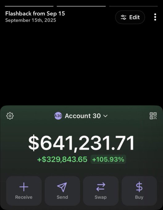 A crypto wallet screenshot showing a balance of $641,231.71 (+$329,843.65, +105.93%) in Account 30, labeled as a 'Flashback from Sep 15, September 15th, 2025'.