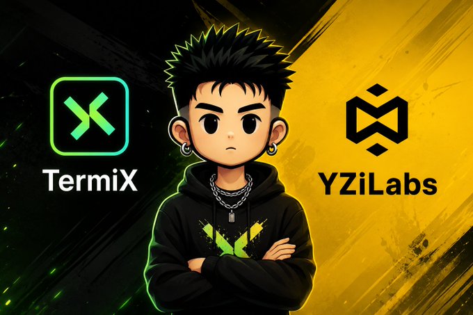 Digital illustration of a spiky-haired anime-style character in a black hoodie, flanked by the logos and names 'TermiX' and 'YZiLabs'.