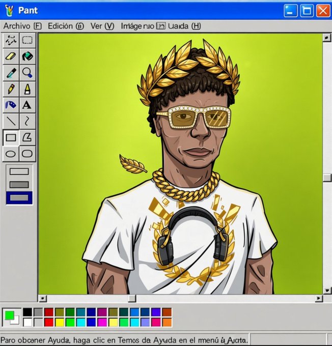 A MS Paint-style illustration showing a man with a golden laurel wreath crown, sunglasses, and a gold chain necklace, wearing a white t-shirt with gold laurel designs, displayed in the classic Windows Paint software interface.