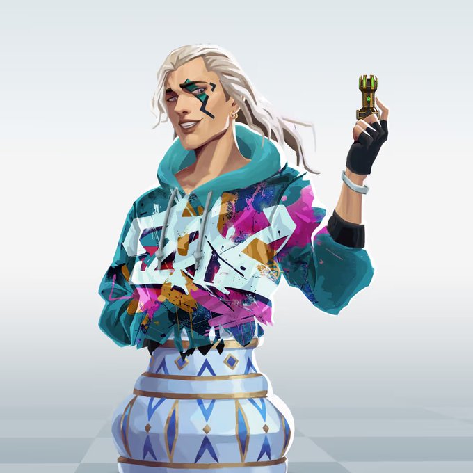 A stylish character with long white hair and a vibrant graffiti-style hoodie emerges from a decorative urn, holding up a green robotic hand—likely representing one of the 10 Ethernal NFTs mentioned in the giveaway post. The image visually embodies the "Ethernals Assemble" rallying call, showcasing the digital collectible character as a prize.