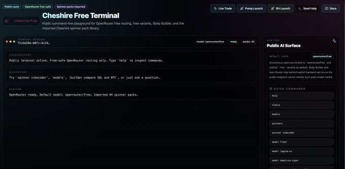 Screenshot of the 'Cheshire Free Terminal' website showing an OpenRouter-based free command playground with a public terminal session and a public AI surface panel on the right.