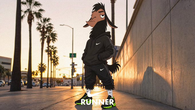 A digital illustration depicts an anthropomorphic wolf or goat character wearing a black Nike tracksuit and sneakers, standing on a palm-tree-lined street at sunset with the text 'RUNNER' at the bottom.