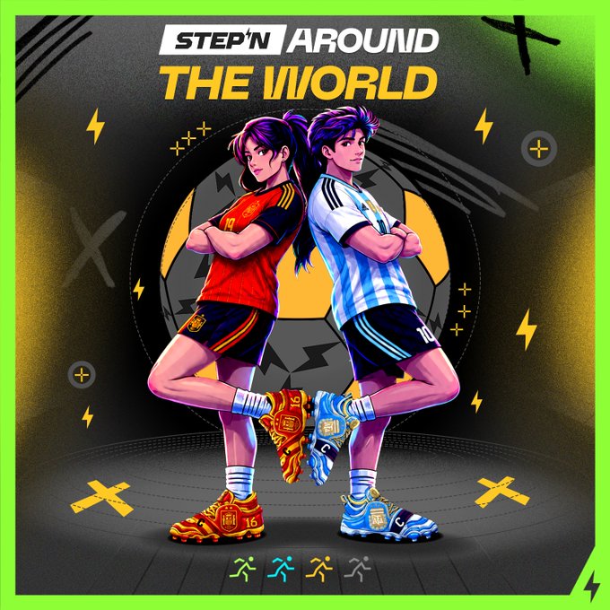 Promotional artwork for 'STEP'N AROUND THE WORLD' featuring two soccer players back-to-back wearing Spain and Argentina jerseys with NFT sneakers.