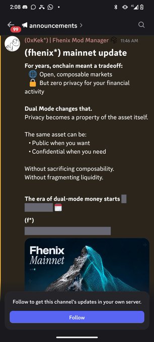 A Telegram channel screenshot from 'fenix Mod Manager' announcing the 'fenix mainnet update' by 0xKek*, introducing dual-mode money with privacy as a property of the asset.