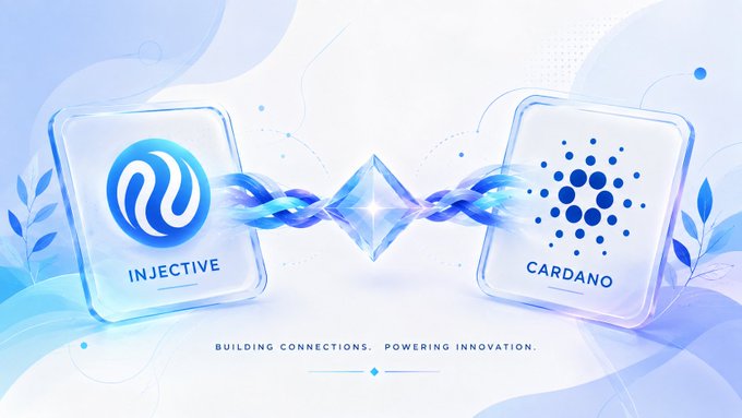 A graphic banner shows the logos of Injective and Cardano connected by a stylized, glowing chain link, with the tagline 'BUILDING CONNECTIONS. POWERING INNOVATION.'