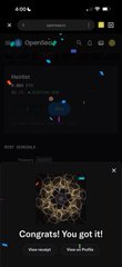 A screenshot of the OpenSea mobile app shows a listing for "Cerberus" with a current bid of 2.1 ETH by user "saddieeee," while a pop-up at the bottom congratulates the user for receiving the NFT, connecting to the $2 "keh" (keep) notation in the post about an OpenSea listing.