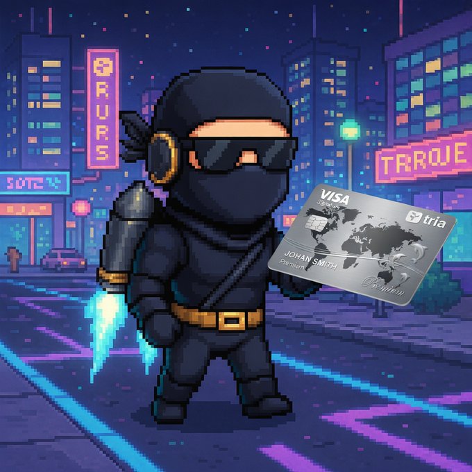 The image features a cartoon character dressed as a ninja, holding a credit card with a Visa logo on it. The character appears to be walking down a street at night, possibly in a city setting. The focus of the image seems to be on the innovative technology behind the smart wallet and its efficiency for users.