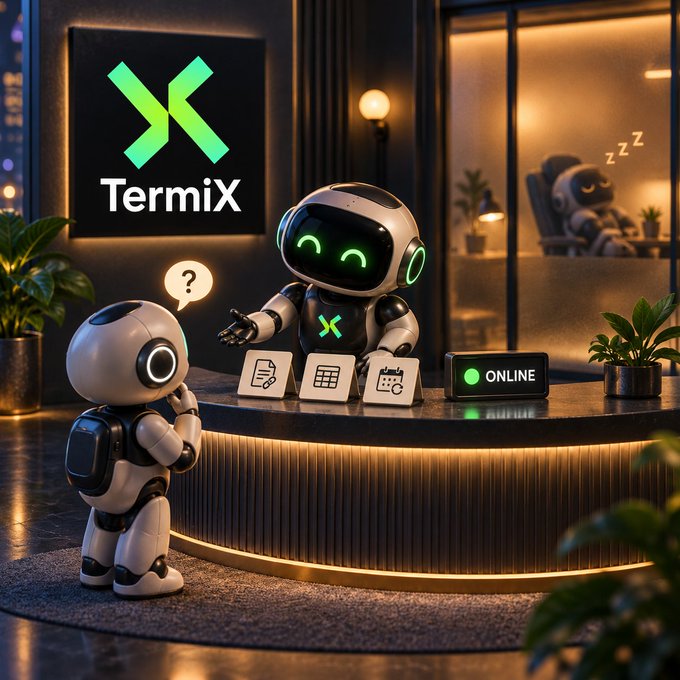 A 3D illustration of two robots at a modern reception desk with a 'TermiX' logo on the wall; one robot appears to be helping the other, with an 'ONLINE' status indicator visible.