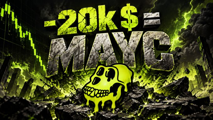 A bold graphic design displays the text '-20K$= MAXC' in cracked stone-style letters with a yellow skull, surrounded by a green toxic atmosphere, lightning, and a falling stock chart.