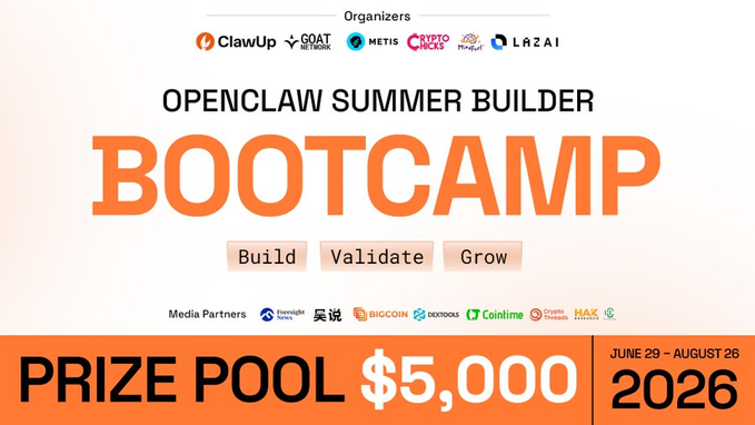 "OPENCALLAW SUMMER BUILDER Bootcamp - Prize Pool 2016", which is a poster promoting an upcoming online event about OpenCLaws Summer Builder Bootcamp. The event has a cost of $5,000 and was scheduled for June 20th,2016 at 2 PM Eastern Time (ET). There are many companies advertising in the image including those that say "Openclaw", "metisL2", "clawUpAI", "lazainetwork" as well as other companies. A link to the event is also provided which could be used for registration purposes or viewing the schedule online.