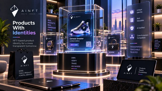 An AINFT promotional graphic featuring "Products With Identities" text, displaying NFTs of a Genesis Sneaker, watch, and handbag in display cases, highlighting features like Unique Identity, Rich Metadata, AI Verified, and Cross-Ecosystem Compatible.