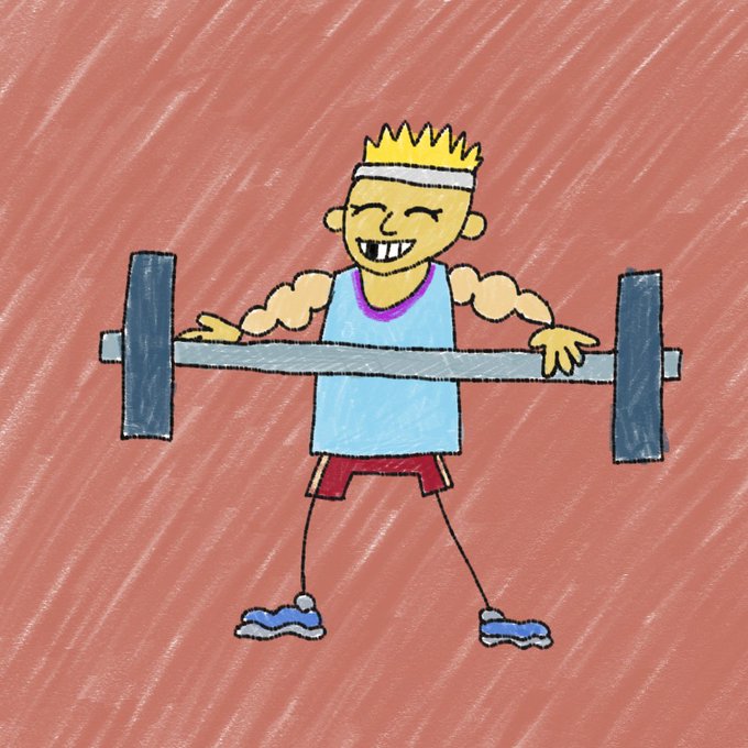 A cheerful cartoon boy with spiky blond hair and a sweatband lifts a barbell with weights, grinning broadly while wearing a light blue tank top, red shorts, and blue sneakers against a red scribbled background.