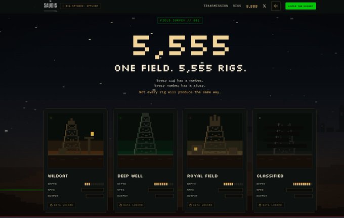 A pixel-art dashboard for "SAUDIS - THE NETWORK: OFFLINE" displays "FIELD SURVEY // 001" with a large counter showing "5,555" rigs and the tagline "ONE FIELD. 5,555 RIGS." Below, four rig types are listed—WILDCAT, DEEP WELL, ROYAL FIELD, and CLASSIFIED—each showing data stats, which aligns with the SaudiNFT promotion announcing a second collection of 5,555 NFTs.