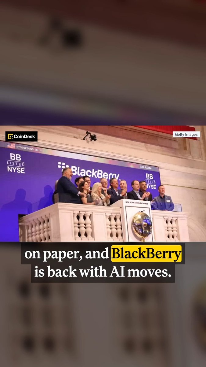 A group of BlackBerry executives celebrates at the NYSE Opening Bell on July 31, 2024, with the company's "BB" ticker and logo displayed prominently on the podium backdrop, illustrating the article's point about BlackBerry's recent stock surge driven by demand for its AI and robotics software.