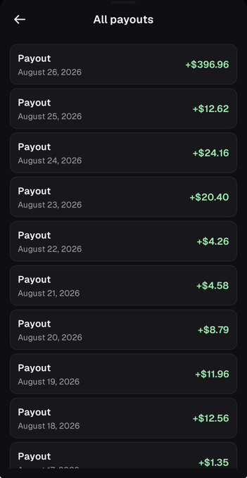 A mobile app screen showing 'All payouts' listing daily cryptocurrency earnings from August 18-26, 2026, with amounts ranging from +$1.35 to +$396.96.