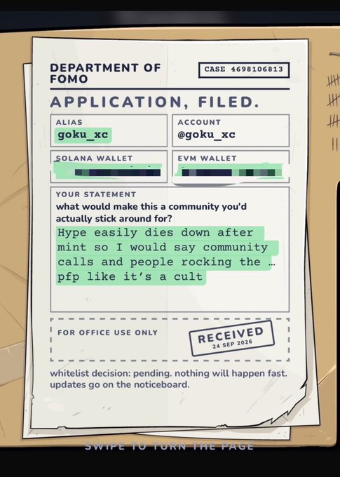 A 'Department of FOMO' application form titled 'APPLICATION, FILED' for the alias 'goku_xc' displays a statement about the community and has been stamped 'RECEIVED 24 SEP 2026'.
