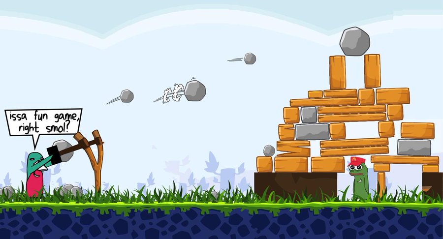 A screenshot from the mobile game Angry Birds showing the classic catapult mechanic, with a speech bubble from a bird reading 'issa fun game, right smol!' as rocks fly toward a wooden fortress defended by a green pig.