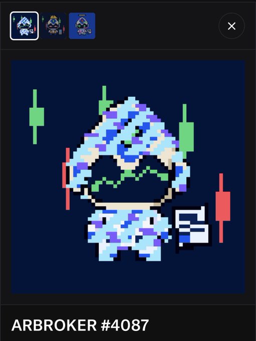 Pixel art character labeled 'ARBROKER #4087' wearing a hooded outfit with goggles, displayed against a dark blue background with candlestick chart elements.