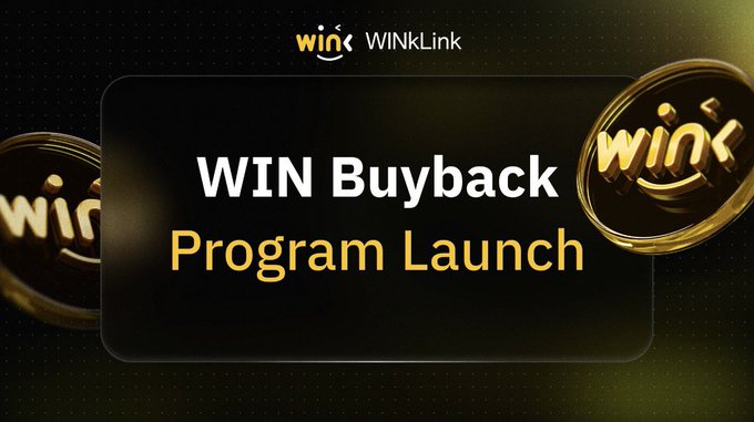 Promotional banner for 'WINkLink' announcing the 'WIN Buyback Program Launch' with golden WIN coins on a dark background.