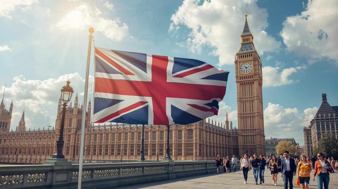 A large Union Jack flag waves prominently in the foreground, with London's iconic Big Ben and Parliament buildings visible behind it as crowds walk along a bridge. The image visually underscores the "UK" location of the lawsuit, representing the British investors who are taking legal action against Binance and its founder CZ over alleged unauthorized crypto derivatives sales.