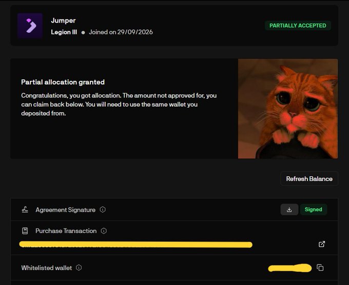 A digital dashboard shows a user named "Jumper" from "Legion III" who joined on 29/09/2026 with a "PARTIALLY ACCEPTED" status, displaying a "Partial allocation granted" message alongside a sad orange cat meme.