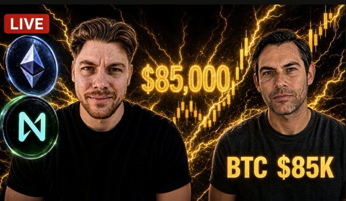 A YouTube thumbnail featuring two men with a 'LIVE' badge, Ethereum and NEAR Protocol logos, '$85,000' text, and 'BTC $85K' against a lightning background with a rising chart.