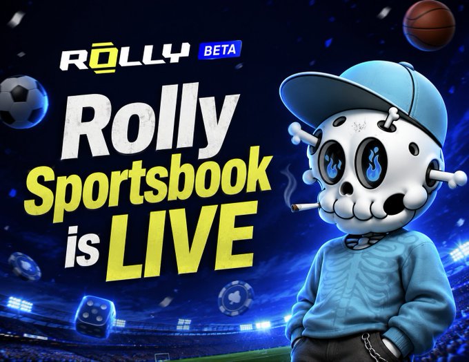 The promotional image features a cartoon skull character wearing a blue cap and hoodie, with flaming blue eyes, holding a cigarette, set against a sports stadium backdrop with floating balls, dice, and chips. Bold text reads "ROLLY BETA" and "Rolly Sportsbook is LIVE," visually announcing the launch of Rolly's non-custodial, onchain sports betting platform.