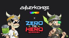 CryptoKidz x Zero Hero Academy collaboration graphic featuring two cartoon NFT characters with horns and helmets on a dark background.