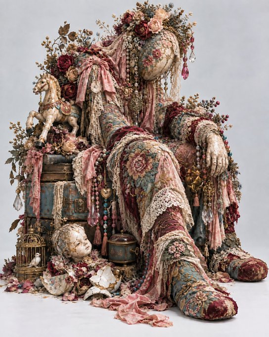 An ornate, baroque-style sculpture of a seated figure dressed in elaborate pink and red floral fabrics, adorned with roses, beads, and surrounded by vintage objects like a carousel horse and birdcage.