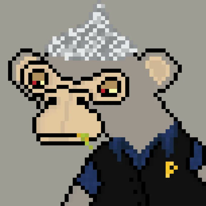 A pixel art illustration of a monkey wearing a tinfoil hat and a black vest with a gold 'F' pin, with green liquid dripping from its mouth.