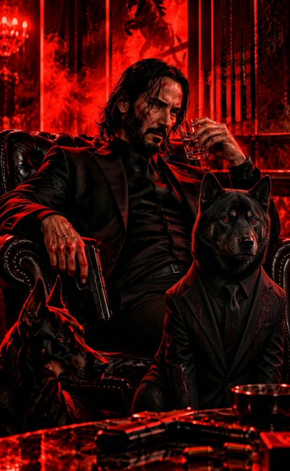 A dark, red-lit scene shows a man resembling Keanu Reeves as John Wick sitting in an ornate chair, holding a glass and a pistol, accompanied by two dogs in suits beside a table covered in weapons.