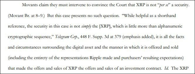 The image shows an excerpt from a legal brief discussing the SEC v. Ripple case, quoting the court's ruling that "the security in this case is not simply the [XRP], which is little more than alphanumeric cryptographic sequence," but rather the facts and circumstances of how XRP was offered and sold. The text directly supports David Schwartz's clarification that the case centered on Ripple's specific conduct in offering XRP—not on XRP itself being inherently a security.